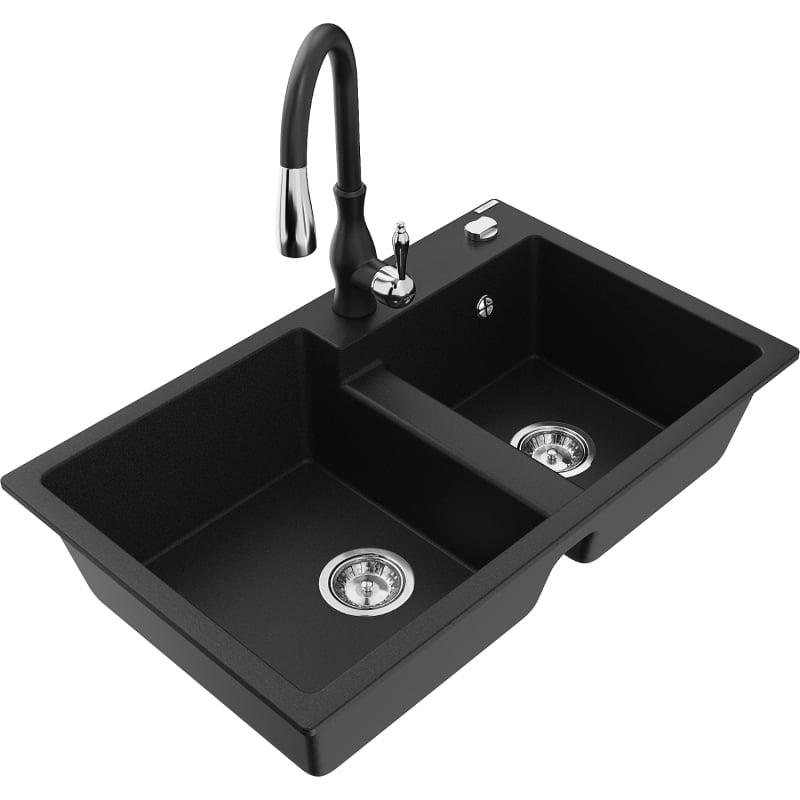Mexen Tomas 2-bowl granite kitchen sink with Savita faucet, black - 6516-77-672601-70