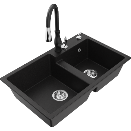 Mexen Tomas 2-bowl granite kitchen sink with Savita faucet, black - 6516-77-672601-70