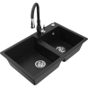 Mexen Tomas 2-bowl granite kitchen sink with Savita faucet, black - 6516-77-672601-70