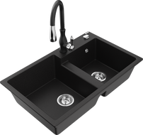 Mexen Tomas granite 2-bowl kitchen sink with Savita faucet, black - 6516-77-672601-70