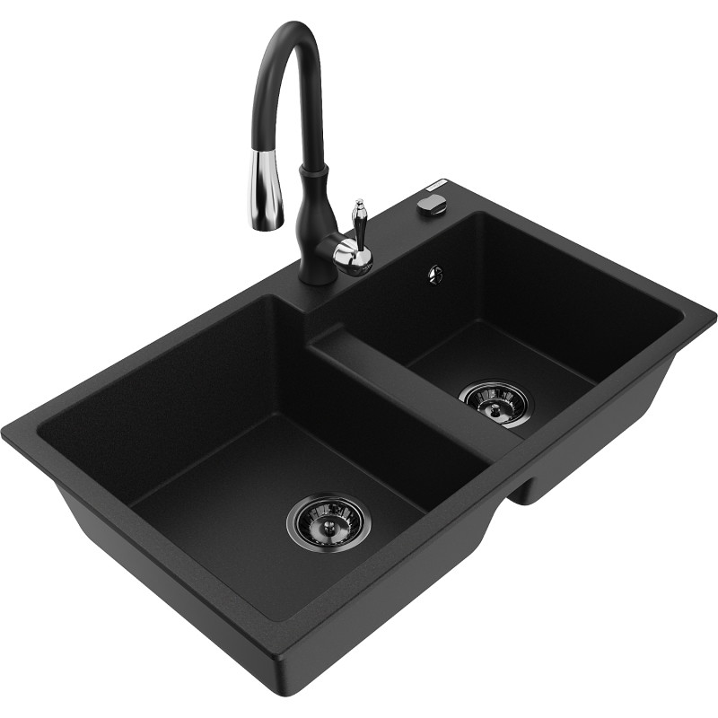 Mexen Tomas 2-chamber granite sink with Savita kitchen faucet, black - 6516-77-672601-70-B