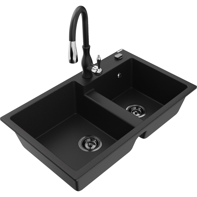 Mexen Tomas 2-compartment granite sink with a kitchen mixer tap Savita, Black - 6516-77-672601-70-B