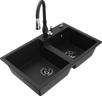 Mexen Tomas 2-chamber granite sink with Savita kitchen faucet, black - 6516-77-672601-70-B