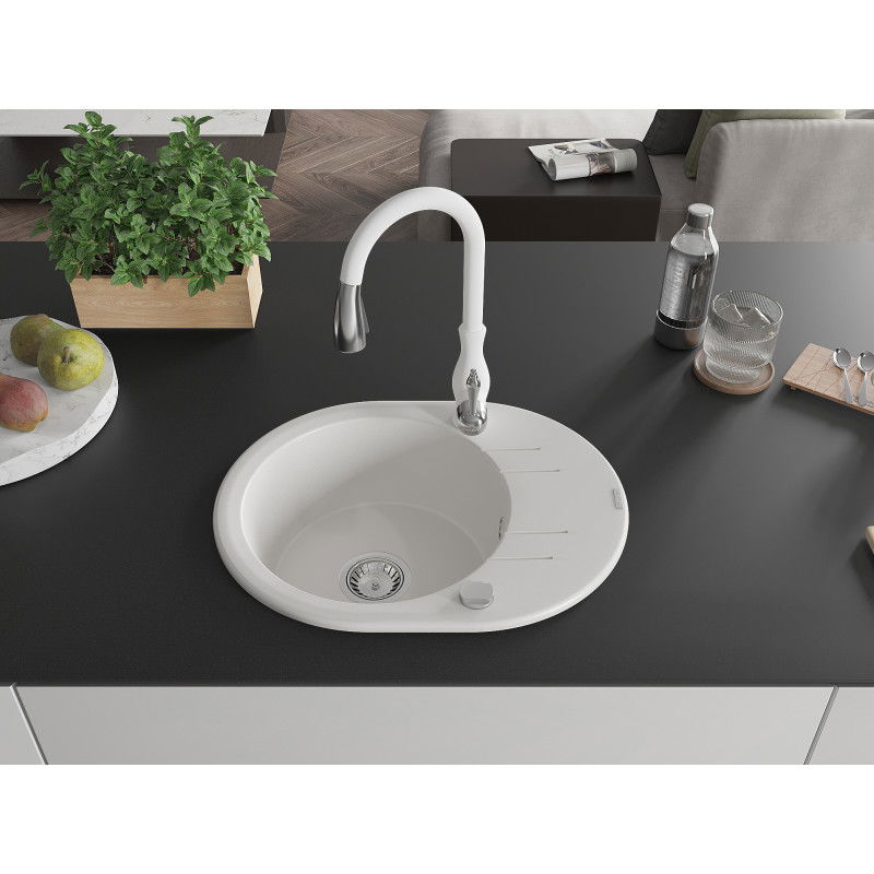 Mexen Kevin 1-bowl granite sink with drainer and Savita kitchen tap, white - 6517-20-672601-20