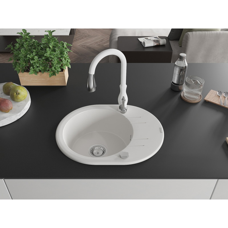 Mexen Kevin single-bowl granite sink with drainer and Savita kitchen faucet, white - 6517-20-672601-20
