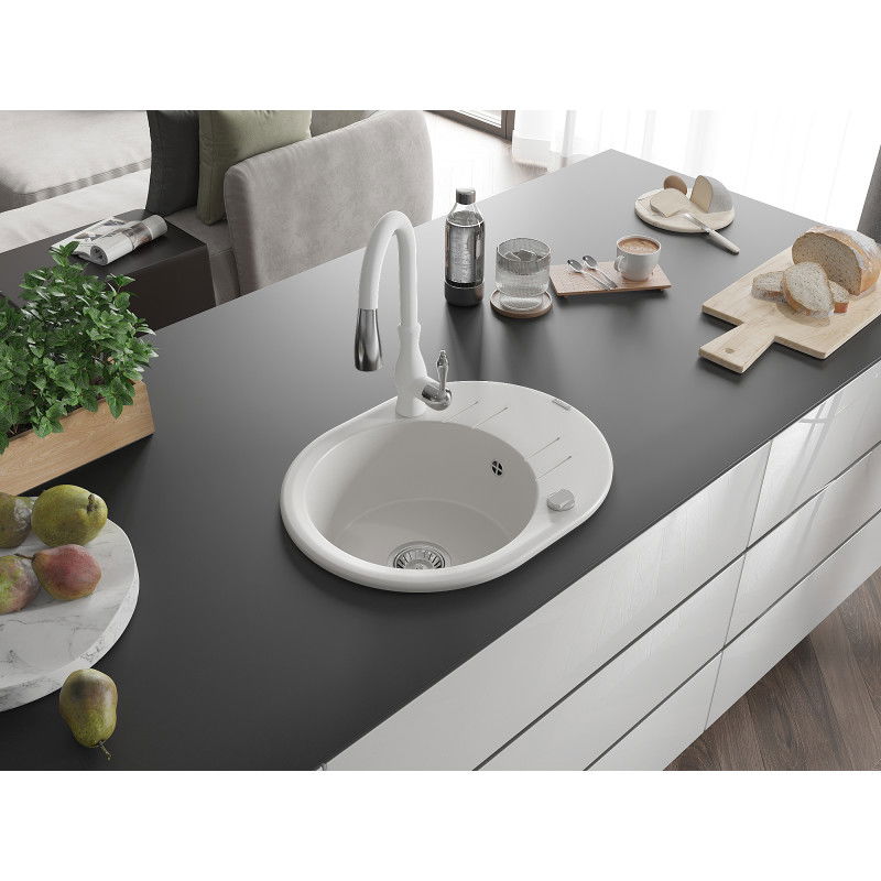 Mexen Kevin 1-bowl granite sink with drainer and Savita kitchen tap, white - 6517-20-672601-20