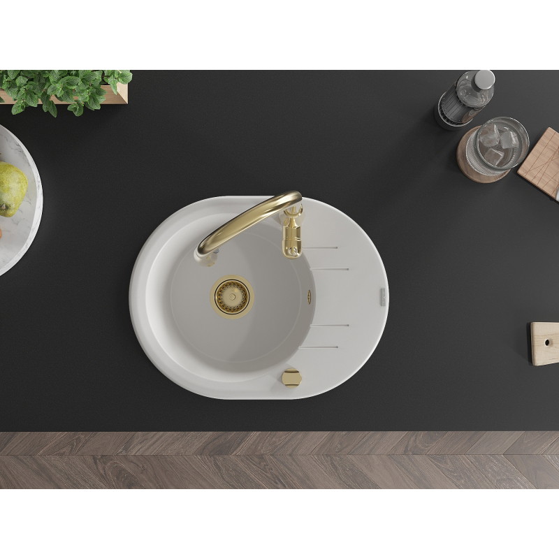 Mexen Kevin granite sink single-bowl with drainer and Savita kitchen faucet, white - 6517-20-672601-50