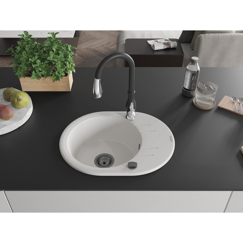 Mexen Kevin 1-bowl granite sink with drainer and Savita kitchen faucet, white - 6517-20-672601-70