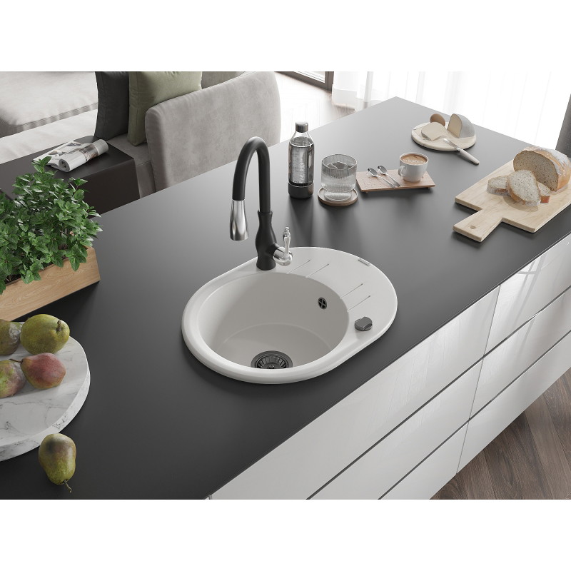 Mexen Kevin 1-bowl granite sink with drainer and Savita kitchen faucet, white - 6517-20-672601-70