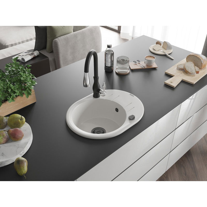 Mexen Kevin 1-bowl granite sink with drainer and Savita kitchen tap, white - 6517-20-672601-70