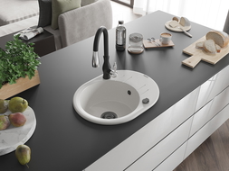 Mexen Kevin 1-compartment granite sink with a drip tray and kitchen mixer tap Savita, White - 6517-20-672601-70