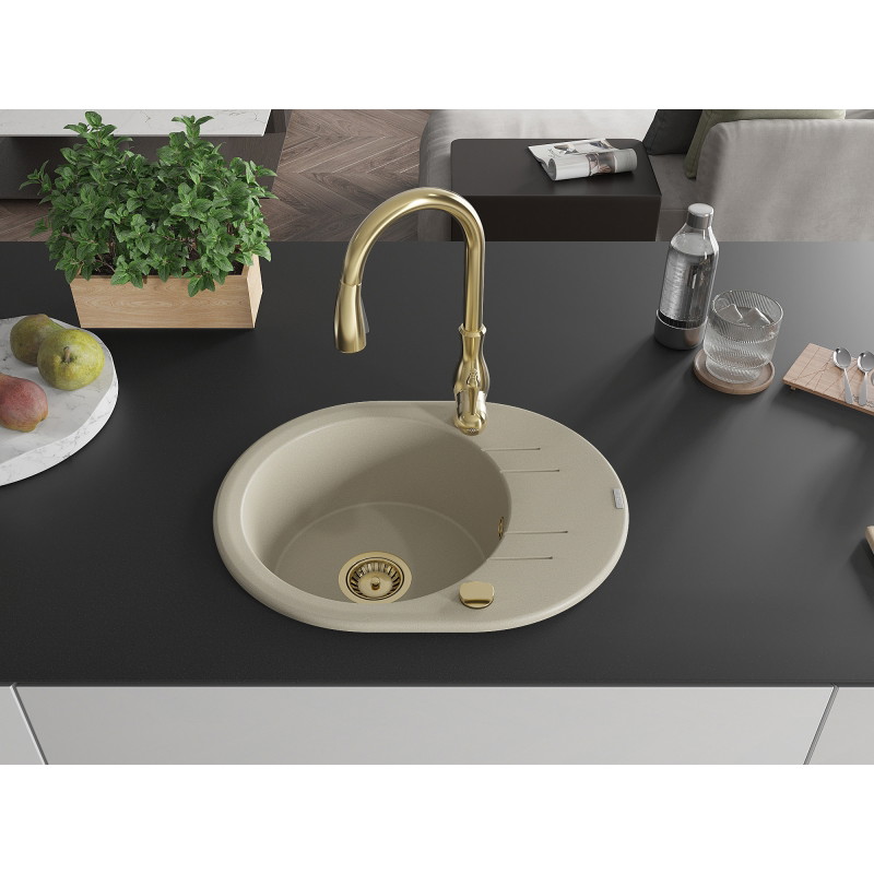 Mexen Kevin 1-Bowl Granite Sink with Drainer and Savita Kitchen Faucet, Beige - 6517-69-672601-50