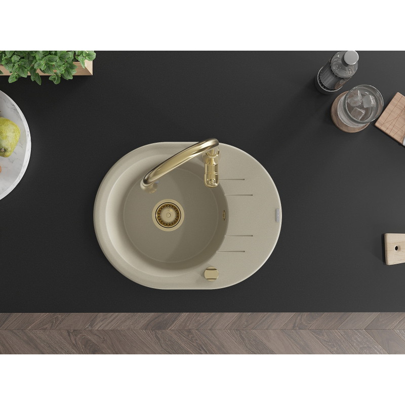 Mexen Kevin granite kitchen sink 1-bowl with drainer and Savita kitchen faucet, beige - 6517-69-672601-50
