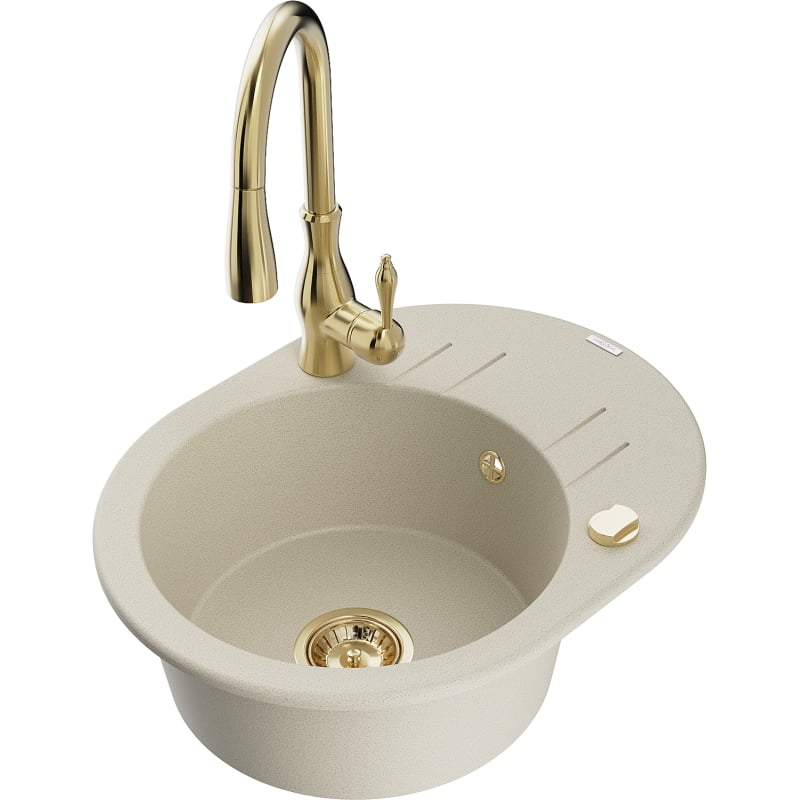 Mexen Kevin granite kitchen sink 1-bowl with drainer and Savita kitchen faucet, beige - 6517-69-672601-50