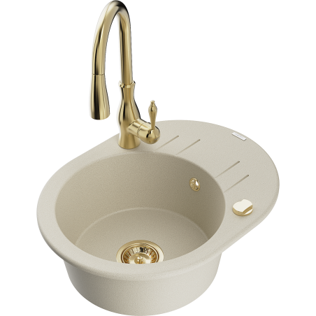 Mexen Kevin granite kitchen sink 1-bowl with drainer and Savita kitchen faucet, beige - 6517-69-672601-50