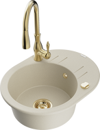 Mexen Kevin 1-Bowl Granite Sink with Drainer and Savita Kitchen Faucet, Beige - 6517-69-672601-50