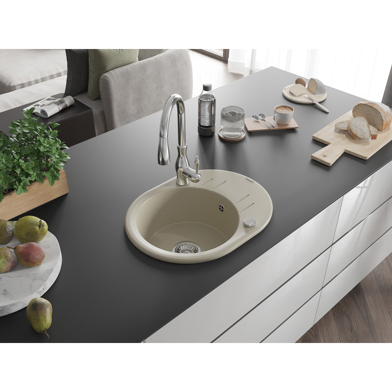 Mexen Kevin 1-bowl granite sink with drainer and Savita kitchen faucet, beige - 6517-69-672601-00
