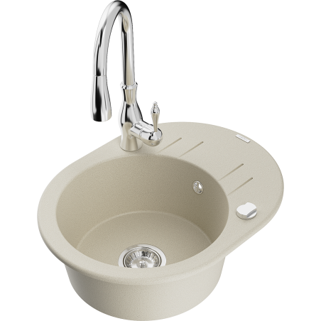 Mexen Kevin 1-bowl granite sink with drainer and Savita kitchen faucet, beige - 6517-69-672601-00