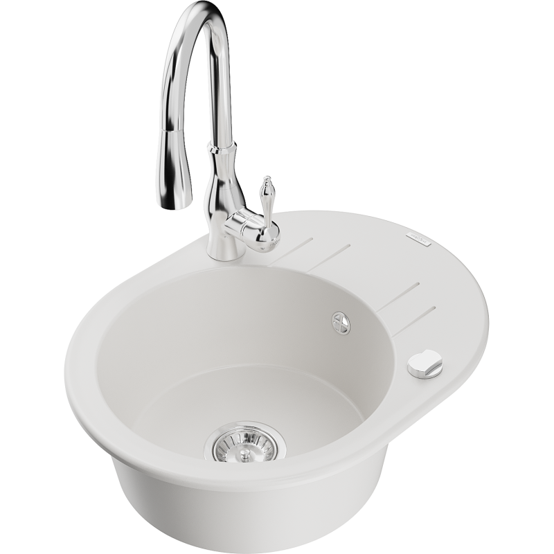 Mexen Kevin 1-compartment granite sink with a drip tray and kitchen mixer tap Savita, White - 6517-20-672601-00
