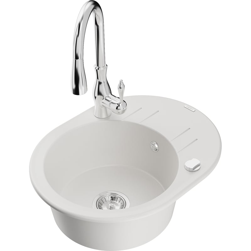 Mexen Kevin granite sink 1-bowl with drainer and Savita kitchen faucet, white - 6517-20-672601-00
