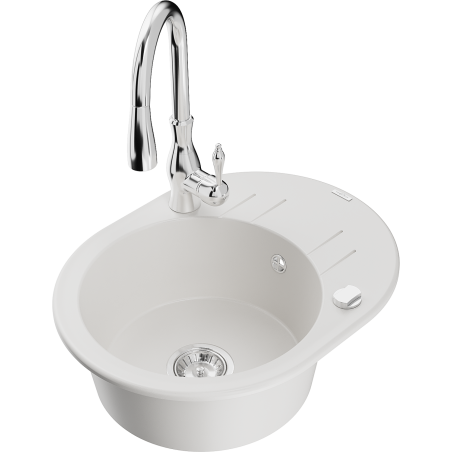 Mexen Kevin granite sink 1-bowl with drainer and Savita kitchen faucet, white - 6517-20-672601-00