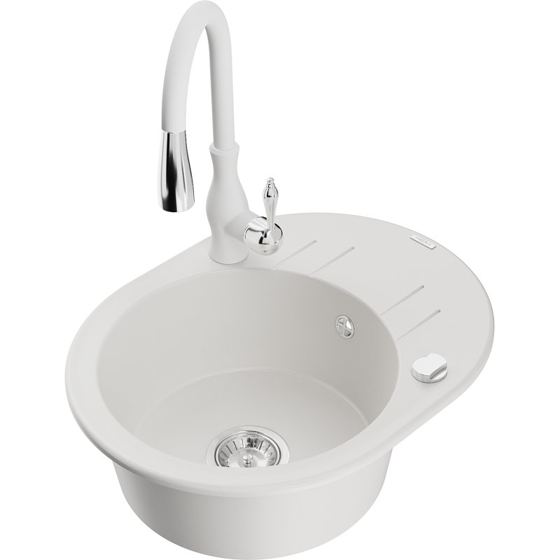 Mexen Kevin 1-bowl granite sink with drainer and Savita kitchen tap, white - 6517-20-672601-20