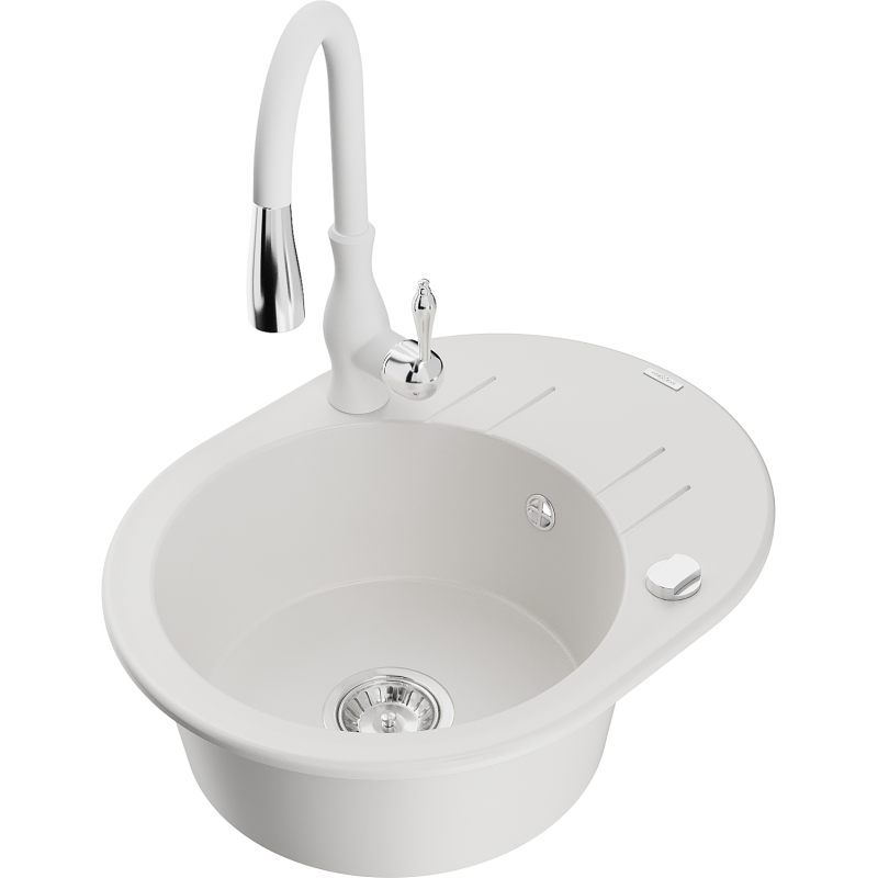 Mexen Kevin 1-compartment granite sink with a drip tray and kitchen mixer tap Savita, White - 6517-20-672601-20