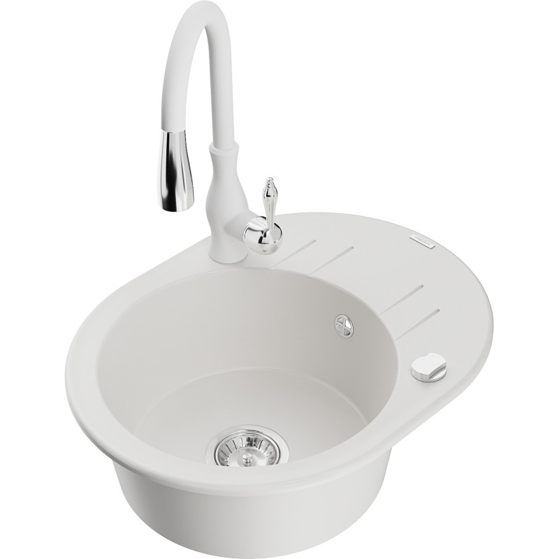Mexen Kevin granite kitchen sink 1-bowl with drainer and Savita kitchen faucet, white - 6517-20-672601-20