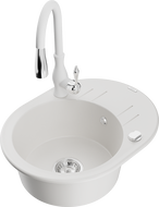 Mexen Kevin 1-bowl granite sink with drainer and Savita kitchen tap, white - 6517-20-672601-20