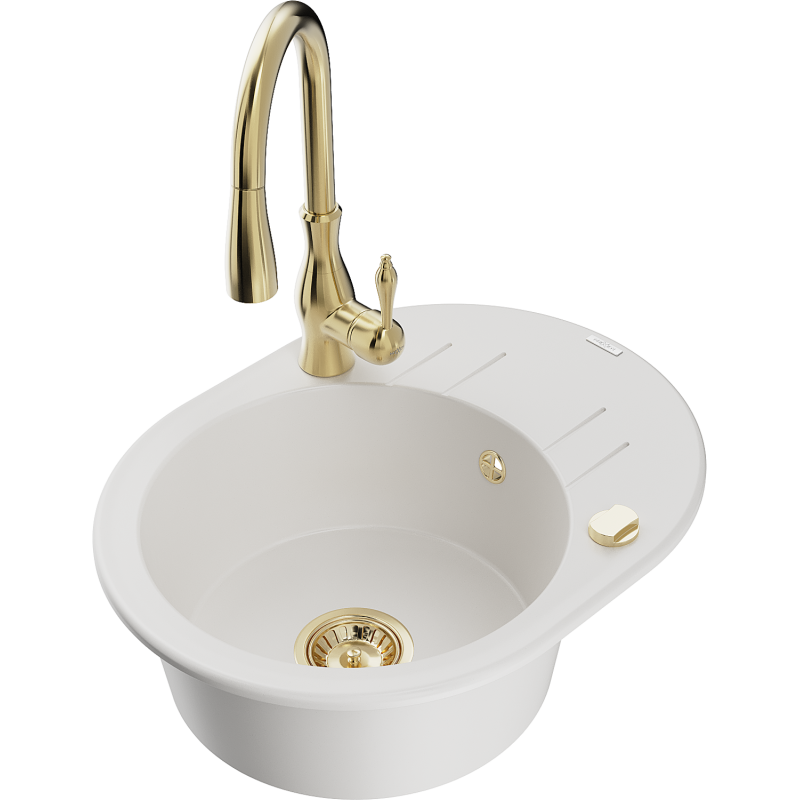 Mexen Kevin 1-bowl granite sink with drainer and Savita kitchen tap, white - 6517-20-672601-50