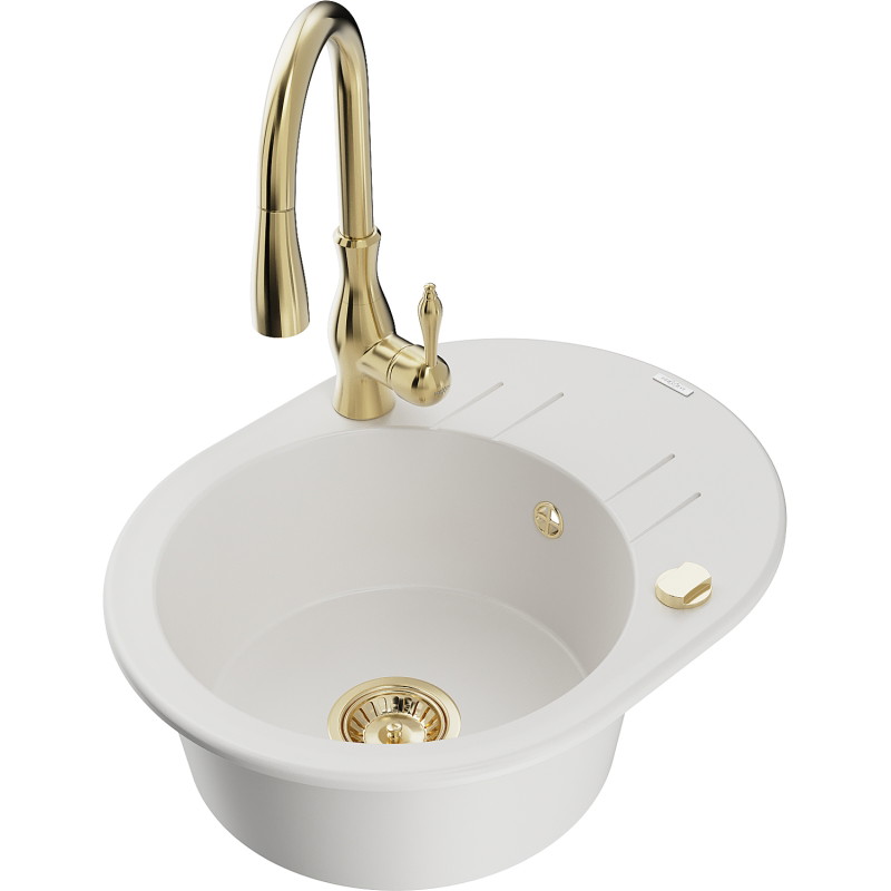 Mexen Kevin granite kitchen sink with 1 bowl, drainer, and Savita kitchen faucet, white - 6517-20-672601-50