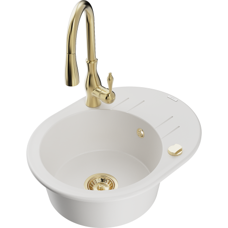 Mexen Kevin 1-bowl granite sink with drainer and Savita kitchen tap, white - 6517-20-672601-50