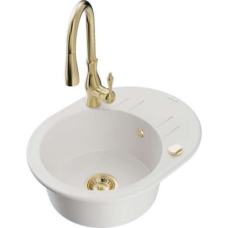 Mexen Kevin granite sink single-bowl with drainer and Savita kitchen faucet, white - 6517-20-672601-50