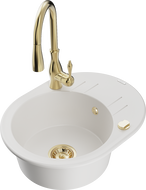 Mexen Kevin granite kitchen sink with 1 bowl, drainer, and Savita kitchen faucet, white - 6517-20-672601-50
