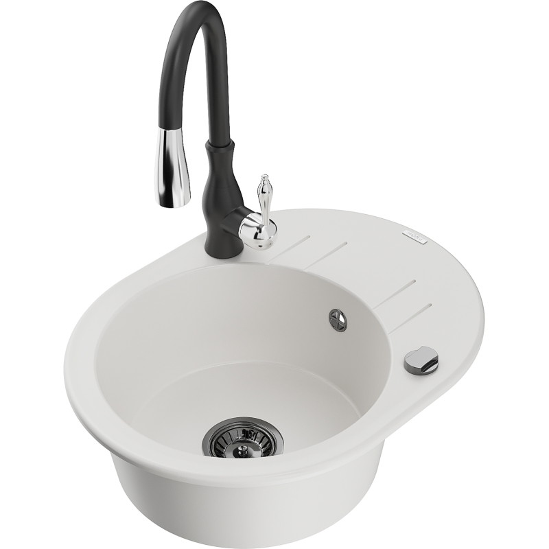 Mexen Kevin 1-bowl granite sink with drainer and Savita kitchen faucet, white - 6517-20-672601-70