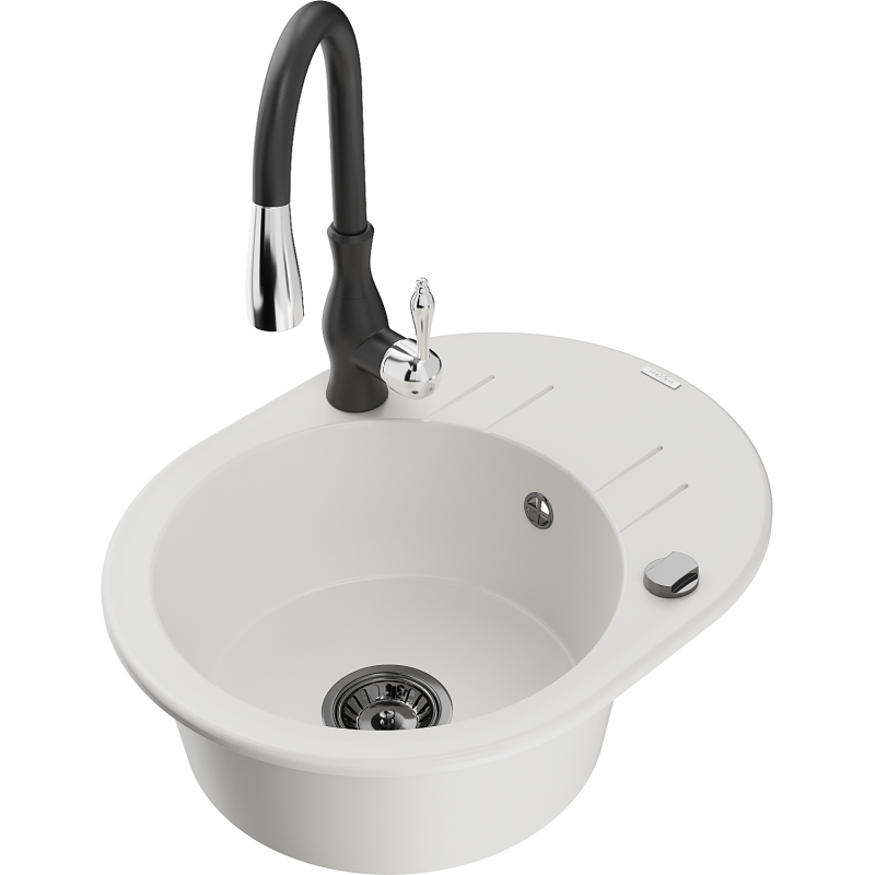 Mexen Kevin 1-bowl granite sink with drainer and Savita kitchen tap, white - 6517-20-672601-70
