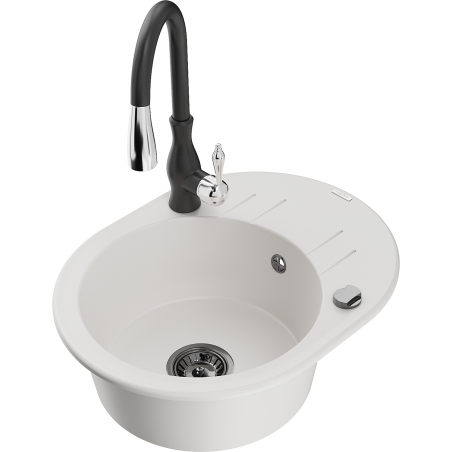Mexen Kevin 1-bowl granite sink with drainer and Savita kitchen tap, white - 6517-20-672601-70