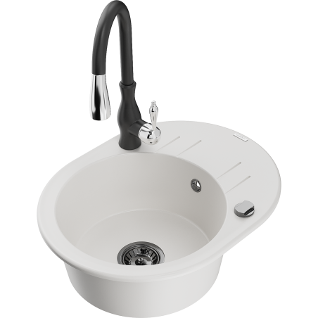 Mexen Kevin granite 1-bowl sink with drainer and Savita kitchen faucet, white - 6517-20-672601-70