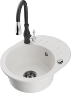 Mexen Kevin 1-compartment granite sink with a drip tray and kitchen mixer tap Savita, White - 6517-20-672601-70