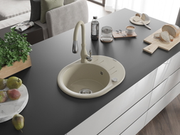 Mexen Kevin 1-bowl granite sink with drainer and Savita kitchen faucet, beige - 6517-69-672601-69