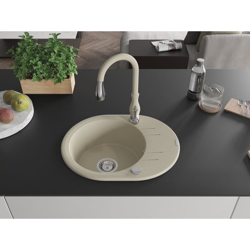 Mexen Kevin 1-bowl granite sink with drainer and Savita kitchen faucet, beige - 6517-69-672601-69