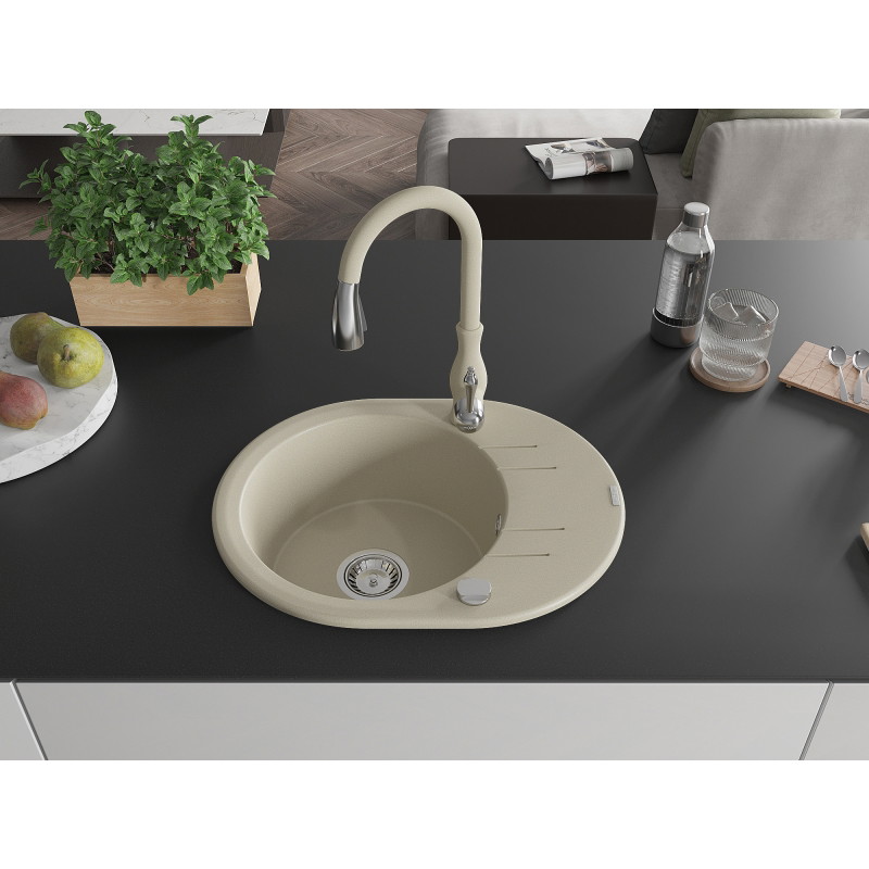 Mexen Kevin granite kitchen sink single-bowl with drainer and Savita kitchen faucet, beige - 6517-69-672601-69