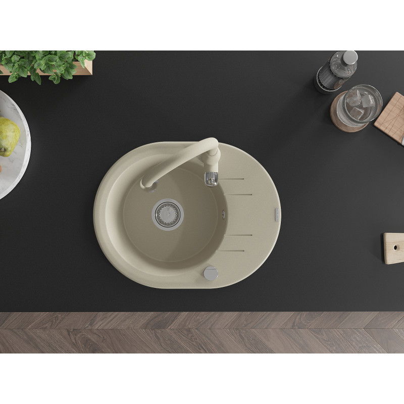 Mexen Kevin granite sink single bowl with drainer and Savita kitchen tap, beige - 6517-69-672601-69