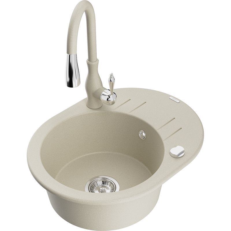 Mexen Kevin 1-compartment granite sink with a drip tray and kitchen mixer tap Savita, Beige - 6517-69-672601-69
