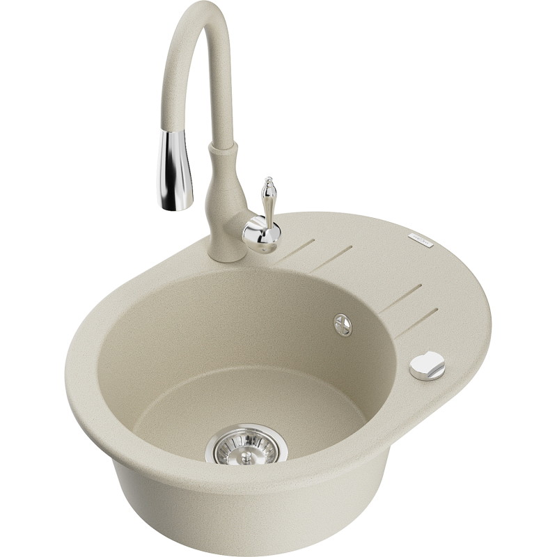Mexen Kevin granite kitchen sink single-bowl with drainer and Savita kitchen faucet, beige - 6517-69-672601-69