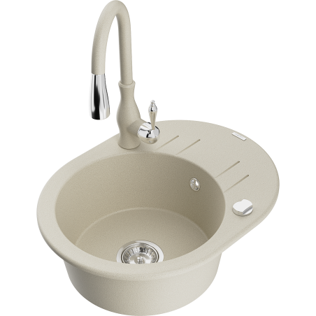 Mexen Kevin granite kitchen sink single-bowl with drainer and Savita kitchen faucet, beige - 6517-69-672601-69
