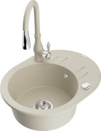 Mexen Kevin 1-bowl granite sink with drainer and Savita kitchen faucet, beige - 6517-69-672601-69