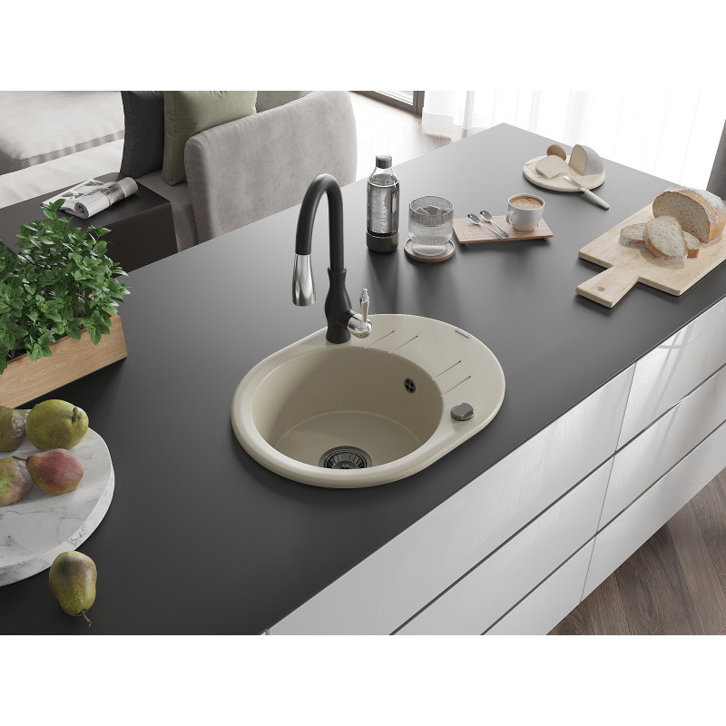 Mexen Kevin granite kitchen sink 1-bowl with drainer and kitchen faucet Savita, beige - 6517-69-672601-70