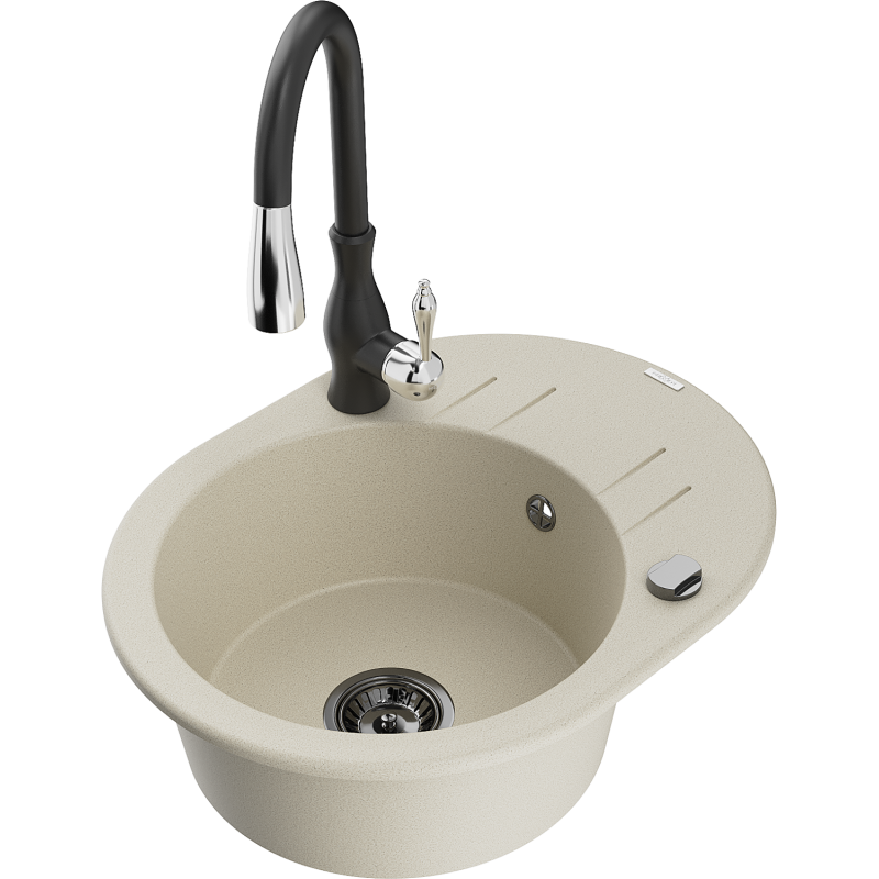 Mexen Kevin 1-bowl granite sink with drainer and Savita kitchen tap, beige - 6517-69-672601-70