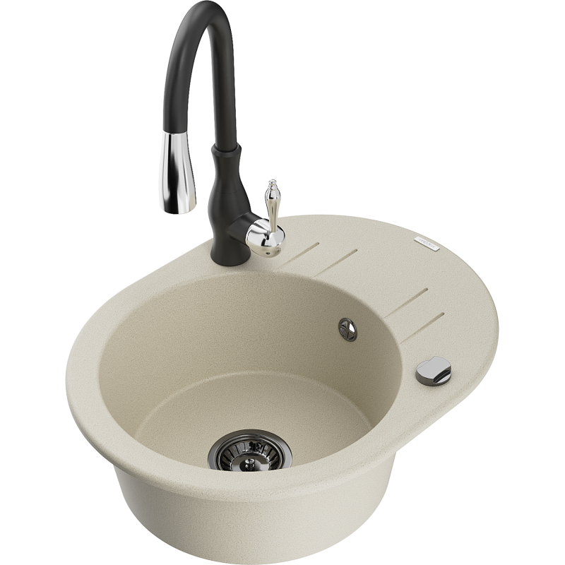 Mexen Kevin 1-compartment granite sink with a drip tray and kitchen mixer tap Savita, Beige - 6517-69-672601-70
